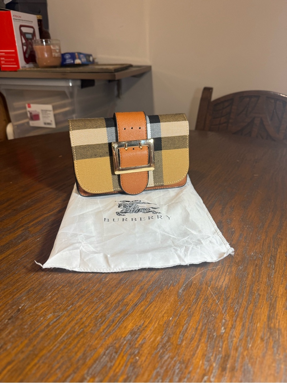 Burberry Tan Check Leather-Trim Wallet Crossbody purse